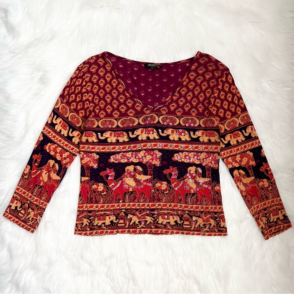 Chaudry KC Sports Boho Long Sleeve Top with Animal Pattern Print & Sequins